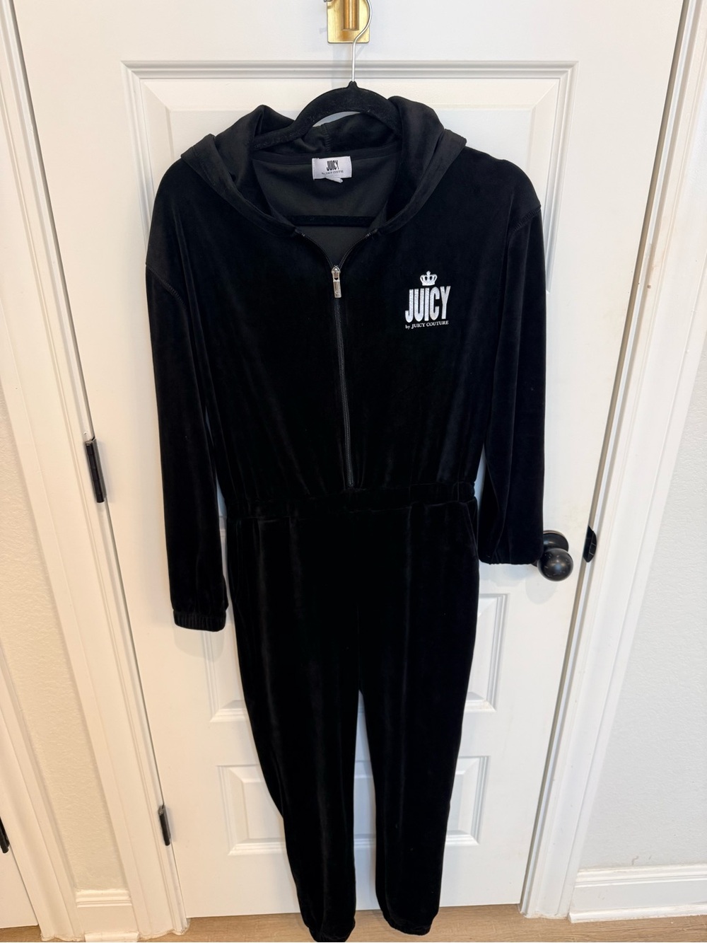 Juicy Couture Black Velour Hooded Zip Jumpsuit Y2K revival